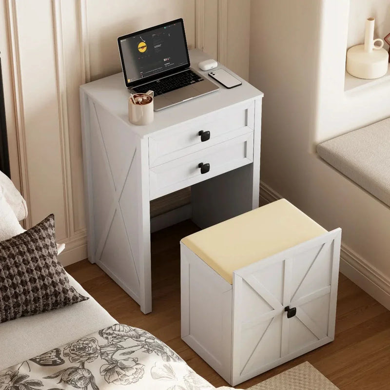 Compact Vanity Set with LED Mirror, Storage Drawers & Cushioned Stool