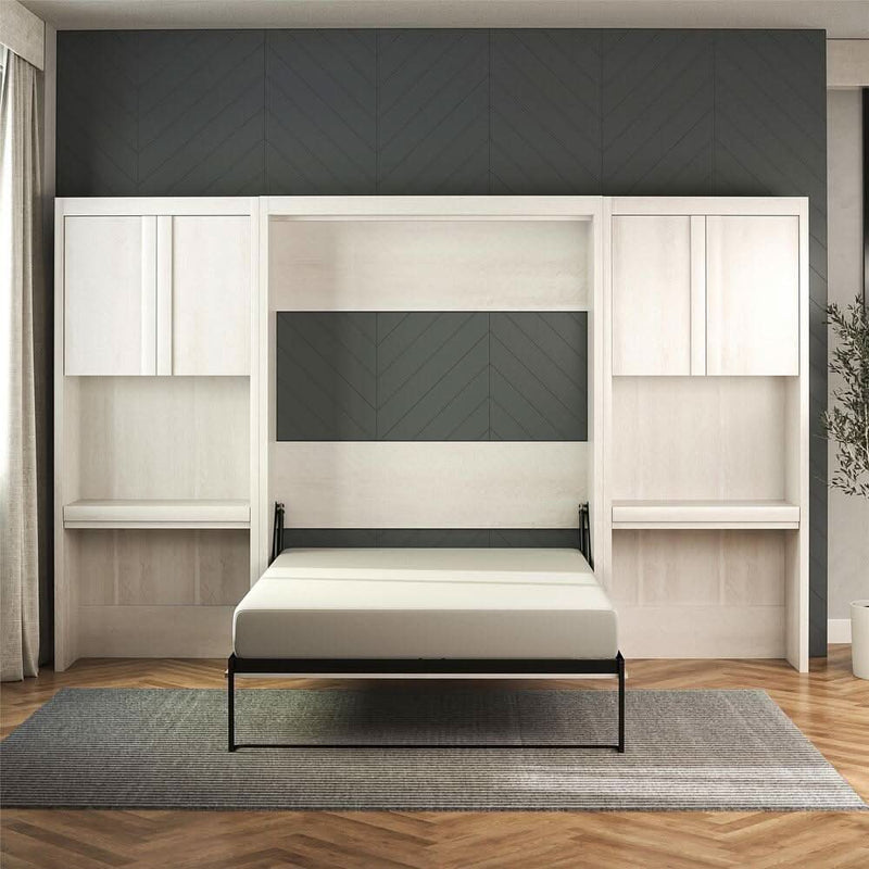 Signature Sleep Paramount Full Murphy Bed Bundle with 2 Vanity/Desk Storage Cabinets with Drawers, Ivory Oak