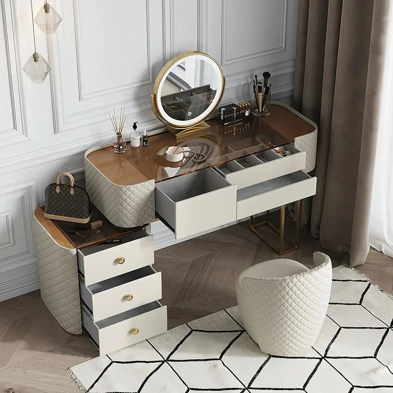 Modern Quilted Vanity Table with Elegant Round Accent
