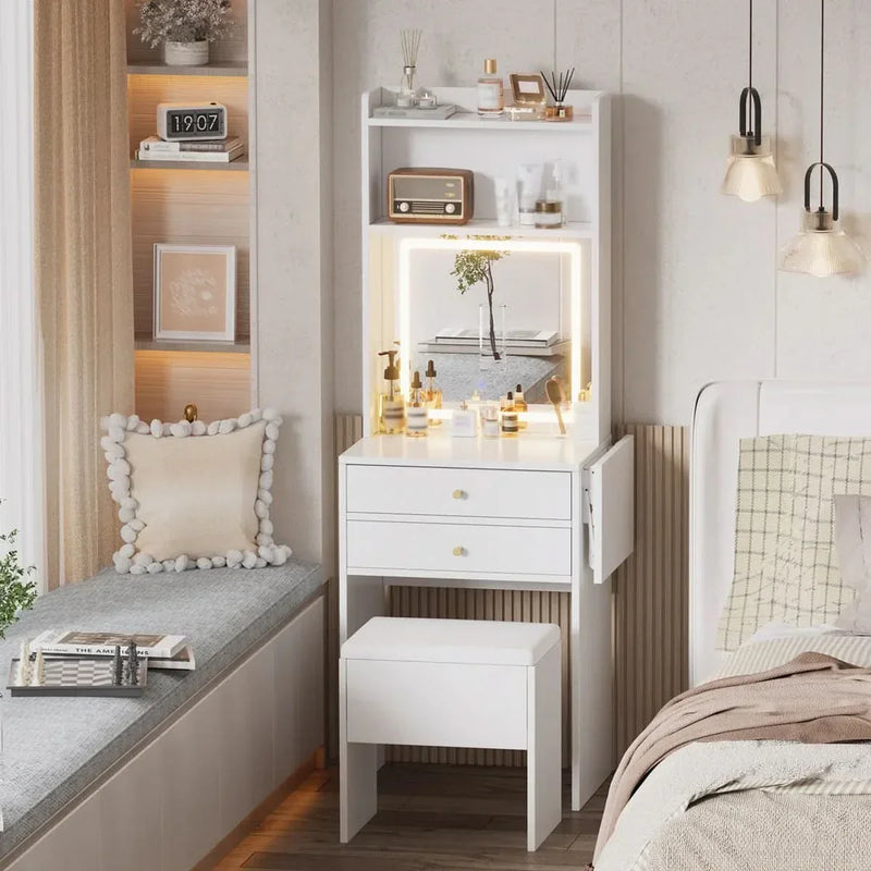 Small Space Vanity Table Set with 3 Adjustable Lighted Mirror & Storage Chair