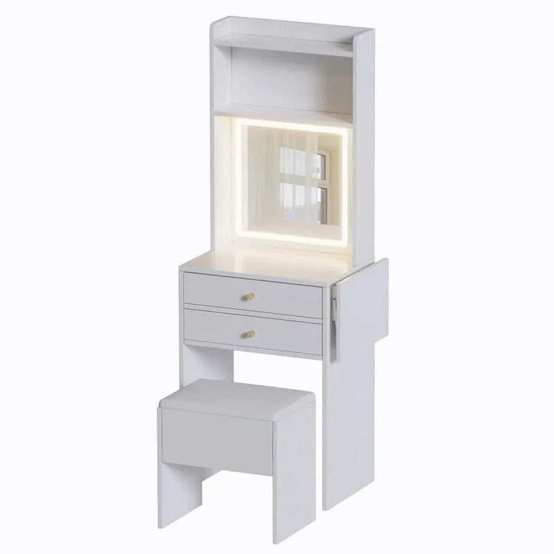 Small Space Vanity Table Set with 3 Adjustable Lighted Mirror & Storage Chair