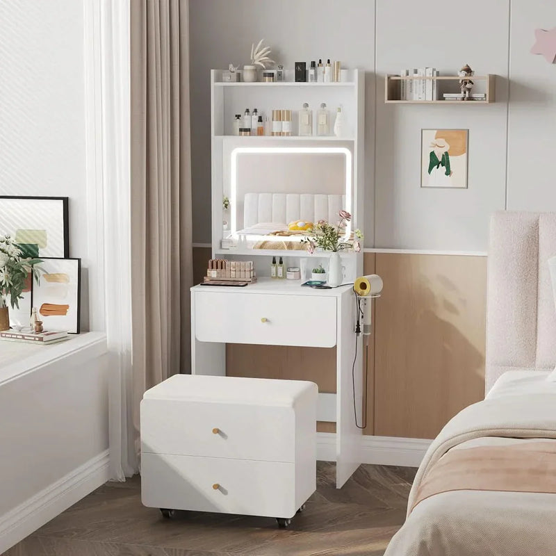 Mini Vanity Desk with 3-Panel Mirror and Adjustable Lighting
