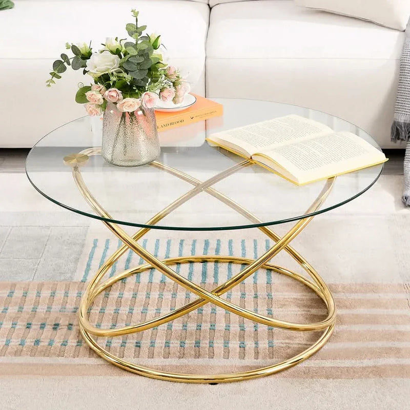 Saorn Tempered Glass Top Round Coffee Table with Metal Base - Wooden Empiro