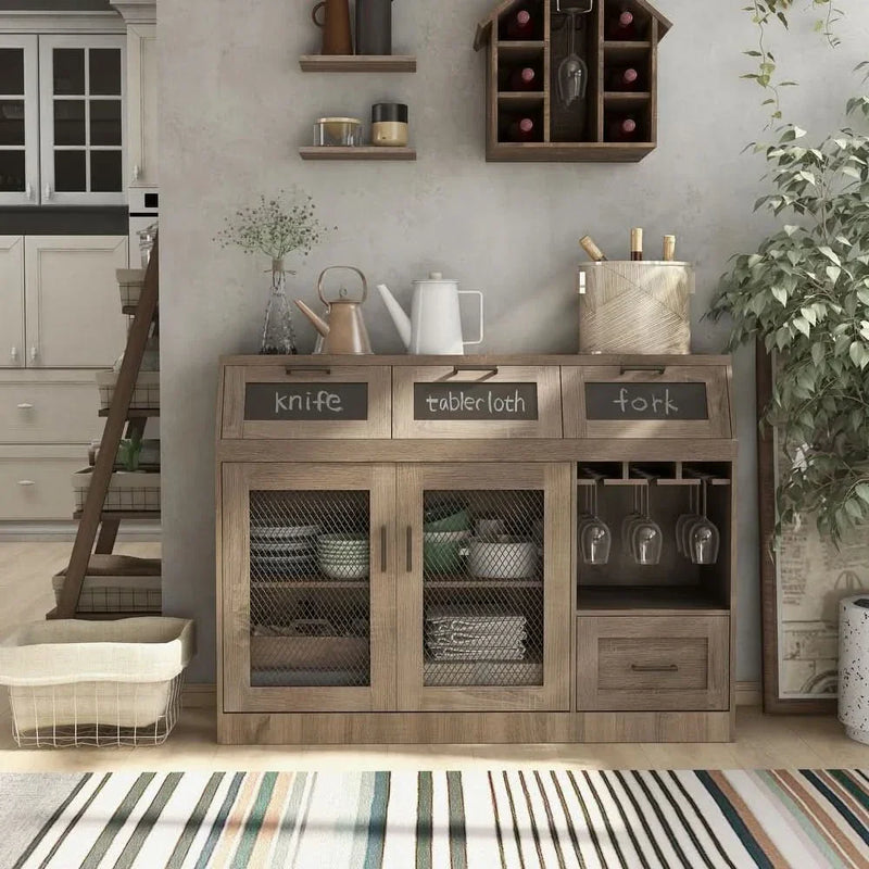 Gorge Rustic Industrial Multi-Storage Buffet Cabinet with Mesh Doors & Drawers