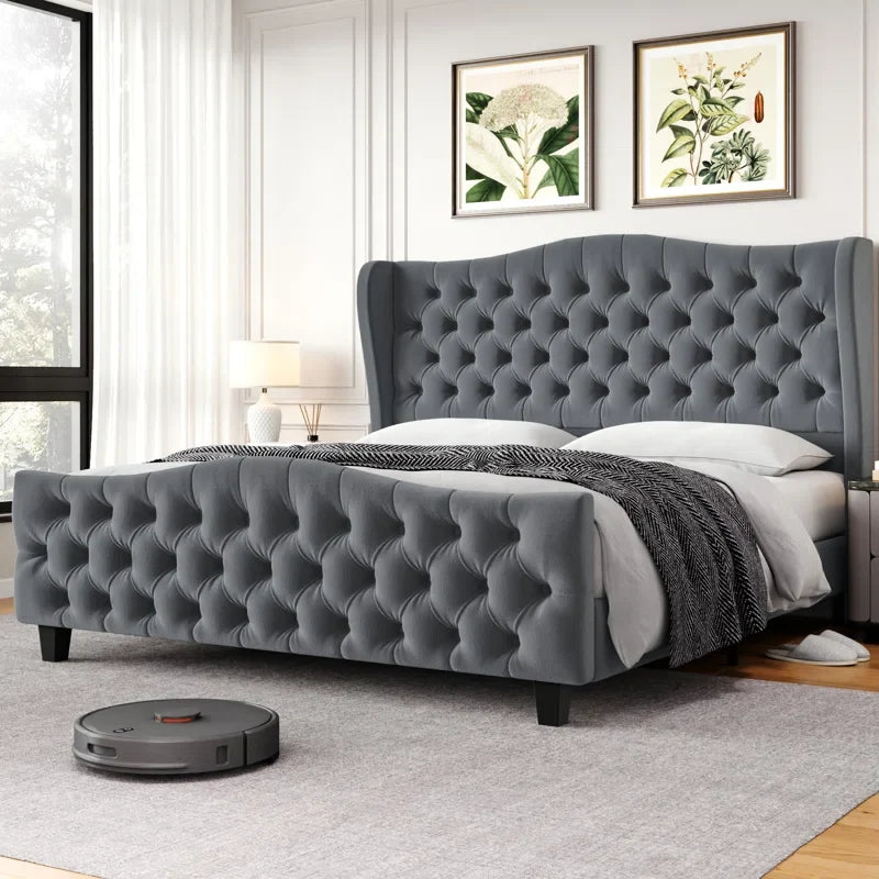 Wooden Empiro Upholstered Handmade Tufted Royal Bed Frame with Velvet Headboard, Wing-Back, Without Storage