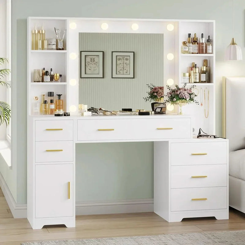 Modern White Vanity Desk with Lighted Mirror, Shelves & Gold Handles