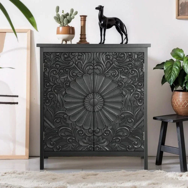 Vintage 2-Door Black Flower Carving Handle Distressed Storage Cabinet