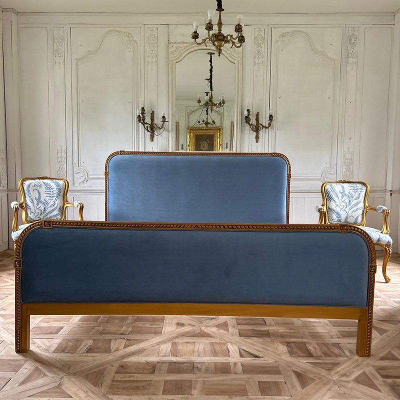 Classic upholstered bed with elegant carving~