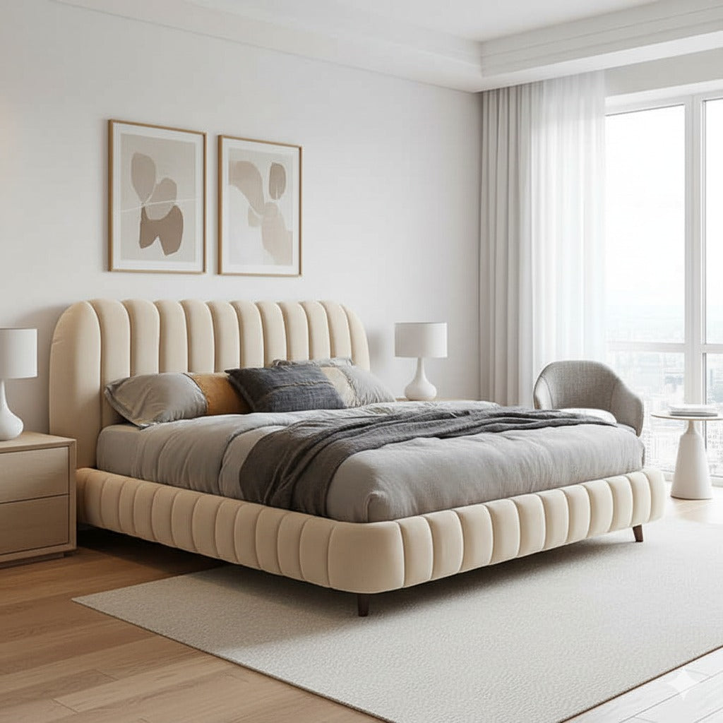 Wooden Empiro "Luxurious Velvet Upholstered Bed with Channel Tufted Headboard and Footboard"