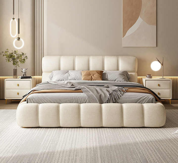Wooden Empiro "Luxurious Cream Cotton Upholstered Platform Bed with Tufted Headboard and Footboard"