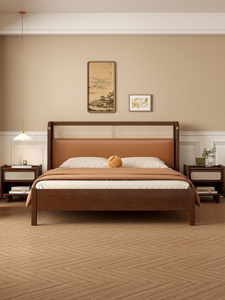 Premium Wooden Cane Bed with Leatherette Headboard and Mid Century Modern Styling
