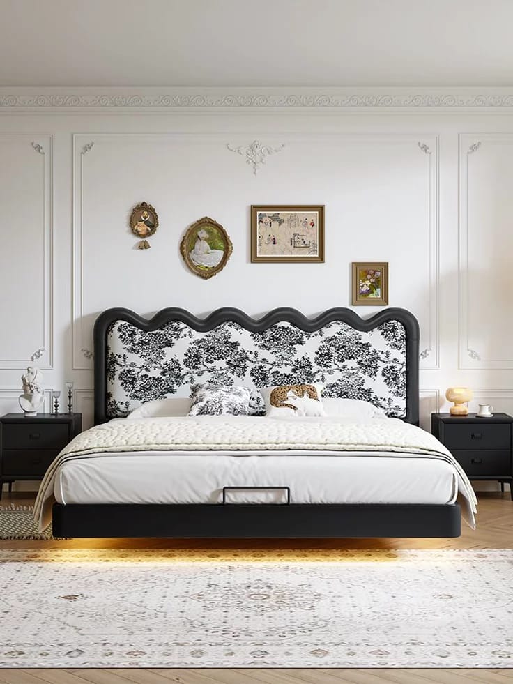 Designer Black Wave Upholstered Bed with Artistic Floral Fabric Headboard Finish