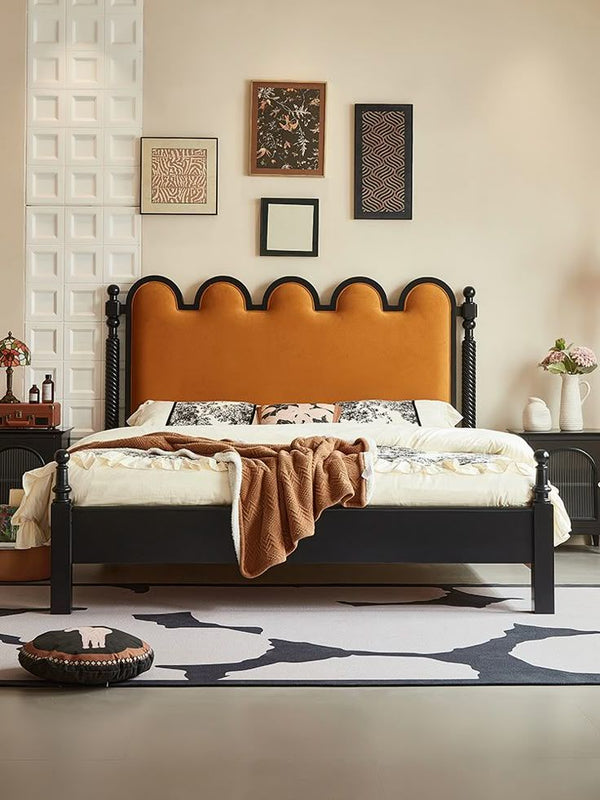 Royal Mustard Upholstered Wooden Bed with Scalloped Headboard and Classic Black Frame