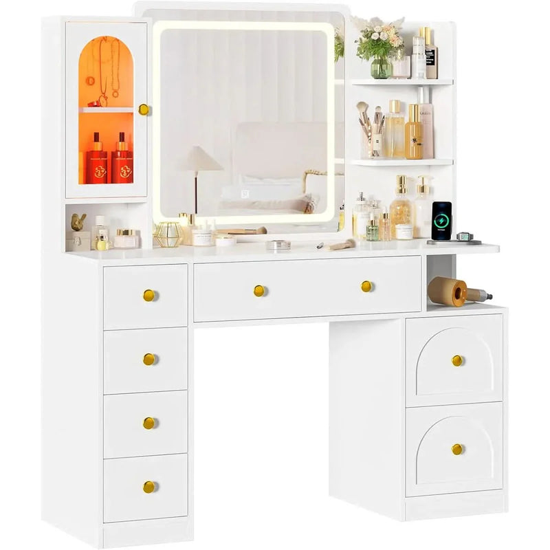 White Vanity Desk with LED Mirror, 7 Drawers, Storage Shelves & RGB Glass Cabinet