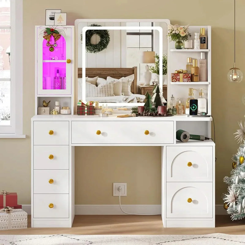 White Vanity Desk with LED Mirror, 7 Drawers, Storage Shelves & RGB Glass Cabinet
