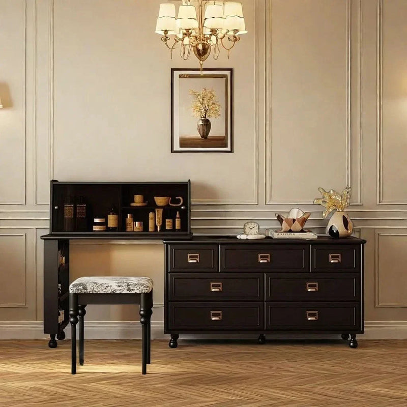 Classic Wooden Vanity and Dresser Set with Stool – Dark Finish