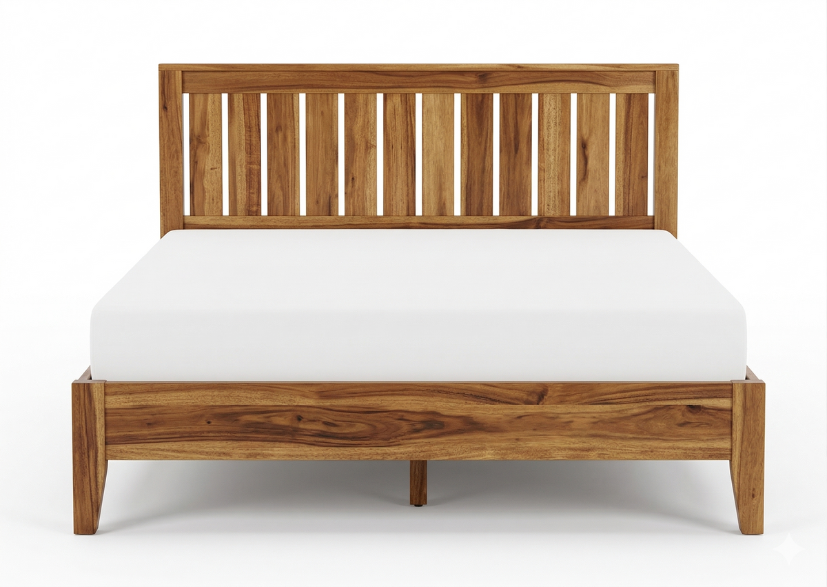 Wooden bed frame with a white mattress on a white background