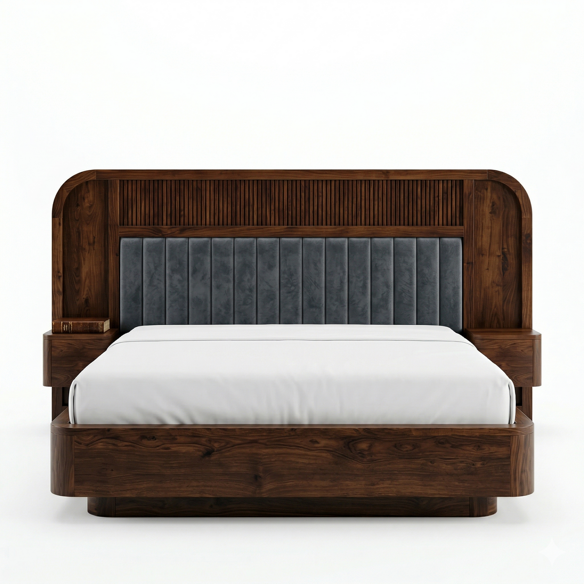 Wooden bed with gray upholstered headboard on a white background
