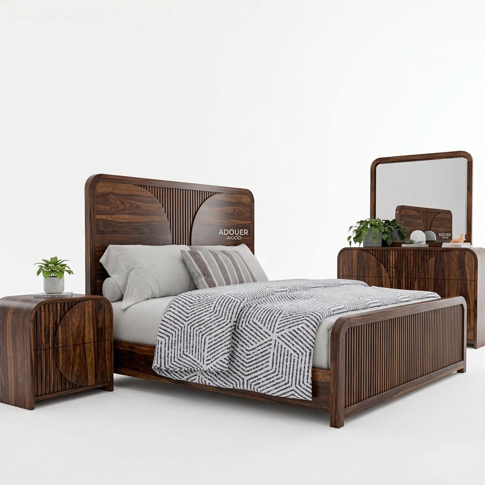 Wooden bed with matching nightstands and mirror on a white background