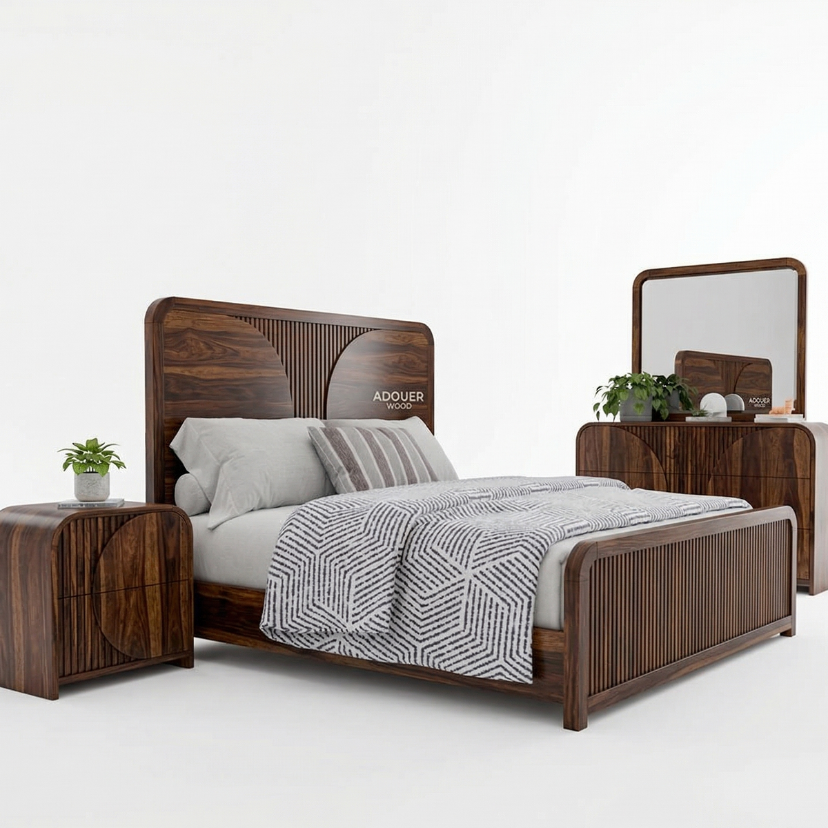 Wooden bed with matching nightstands and mirror on a white background