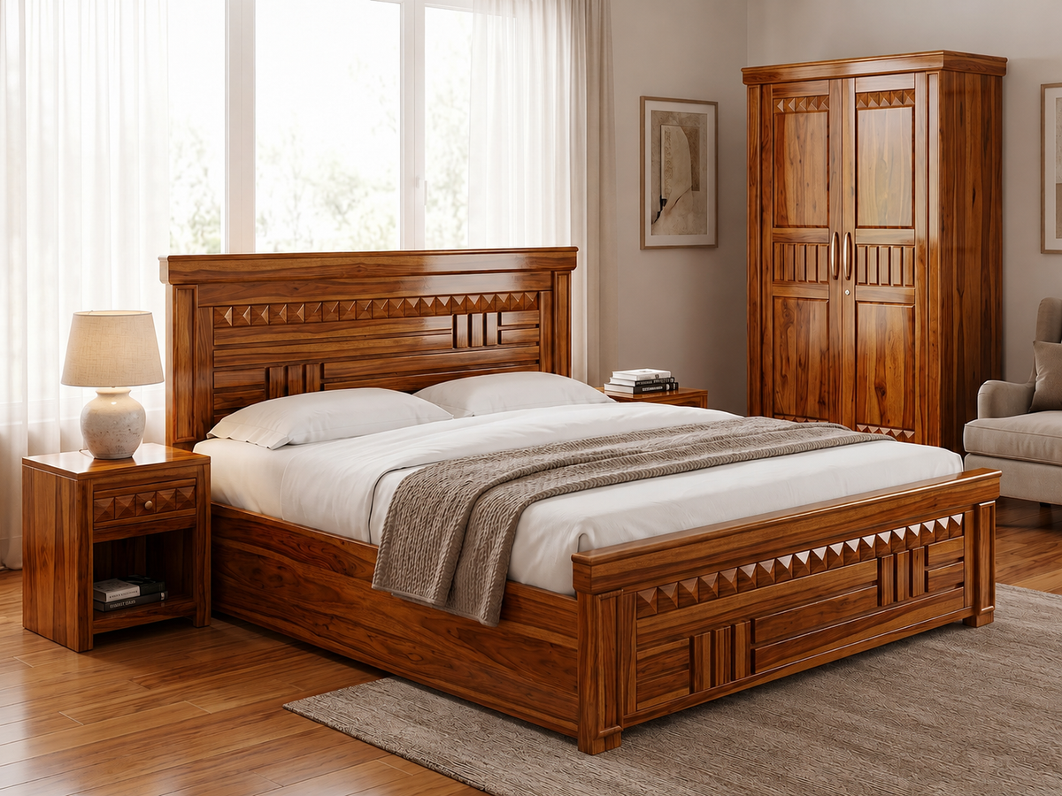Wooden bedroom set with bed, wardrobe