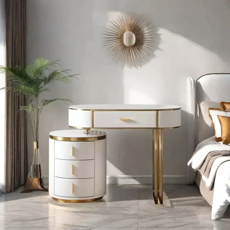 Luxury Makeup Vanity Desk – White High Gloss with Gold Accents