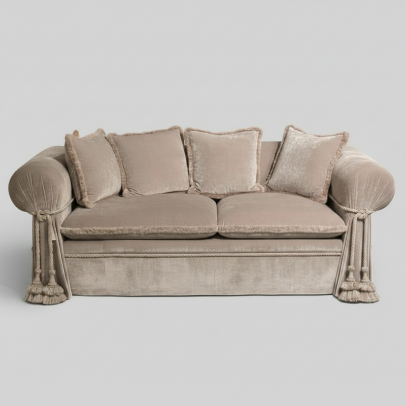 Rose Cord Sofa — Velvet Tassel Lounge, made to order by Wooden Empiro