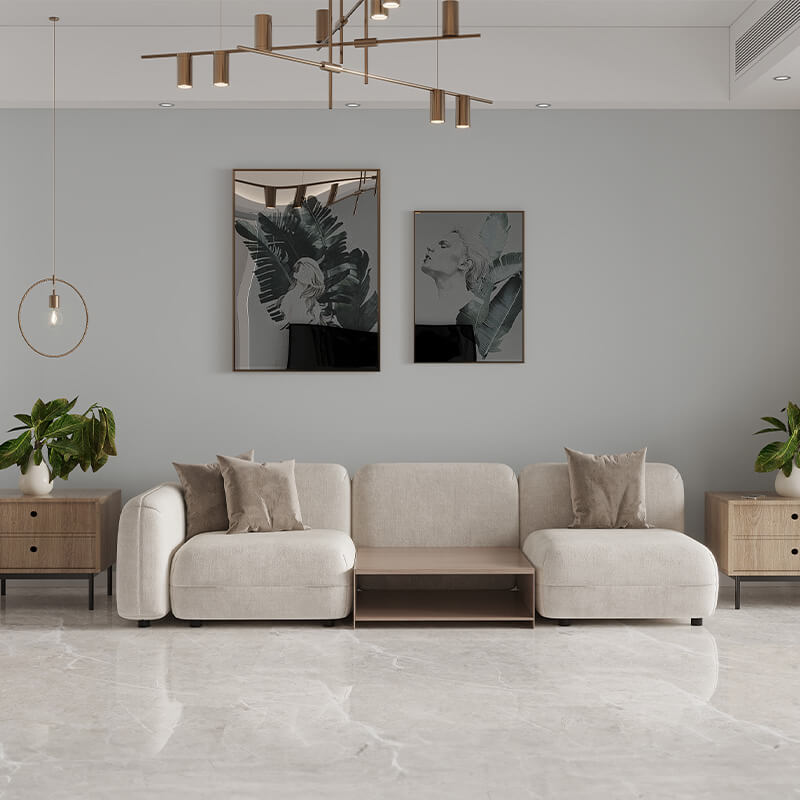 3 Seater Modern Beige Sofa With Oak Finish Center Storage