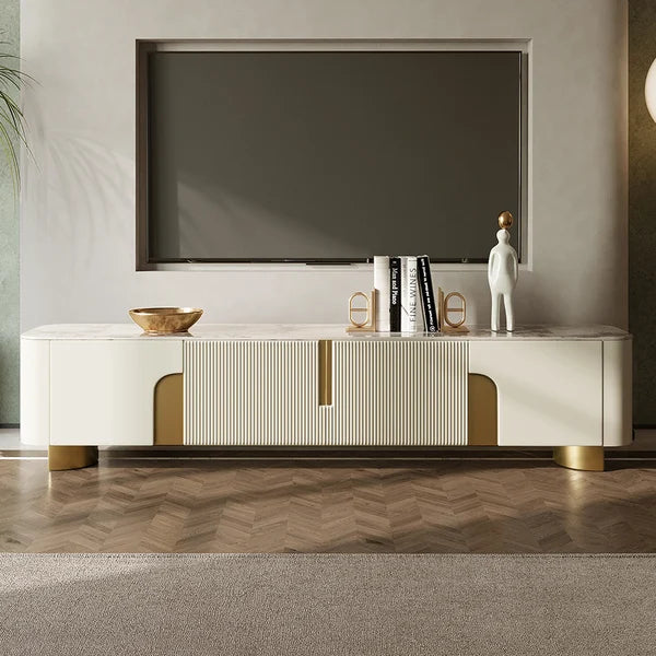 Urbana Modern TV Stand With Marble Top 4 Doors with Storage