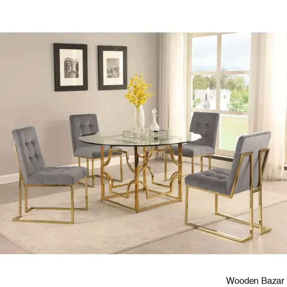 Anniey Royal 4 Seater Glass Top Pedestal Dining Set Gray Gold