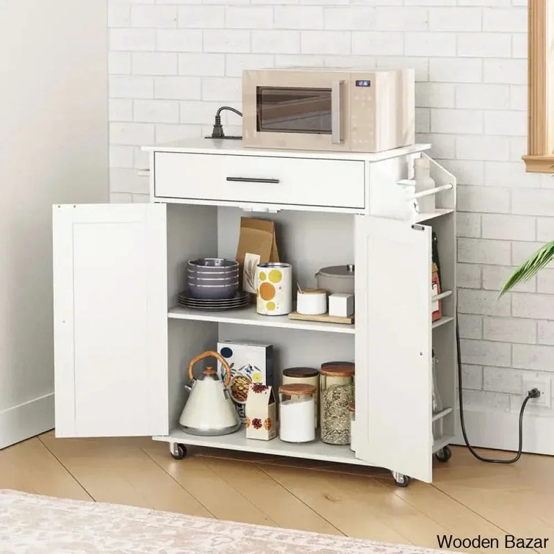 Aquisha 33.8" Rolling Kitchen Island with Power Outlet Kitchen trolley cart cabinet kitchen island with storage