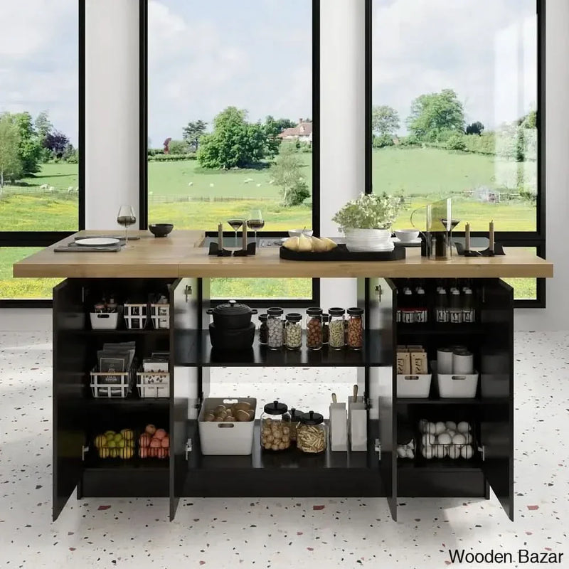 Arvene 77.3'' Kitchen Island with Manufactured Wood Top Kitchen trolley cart cabinet kitchen island with storage