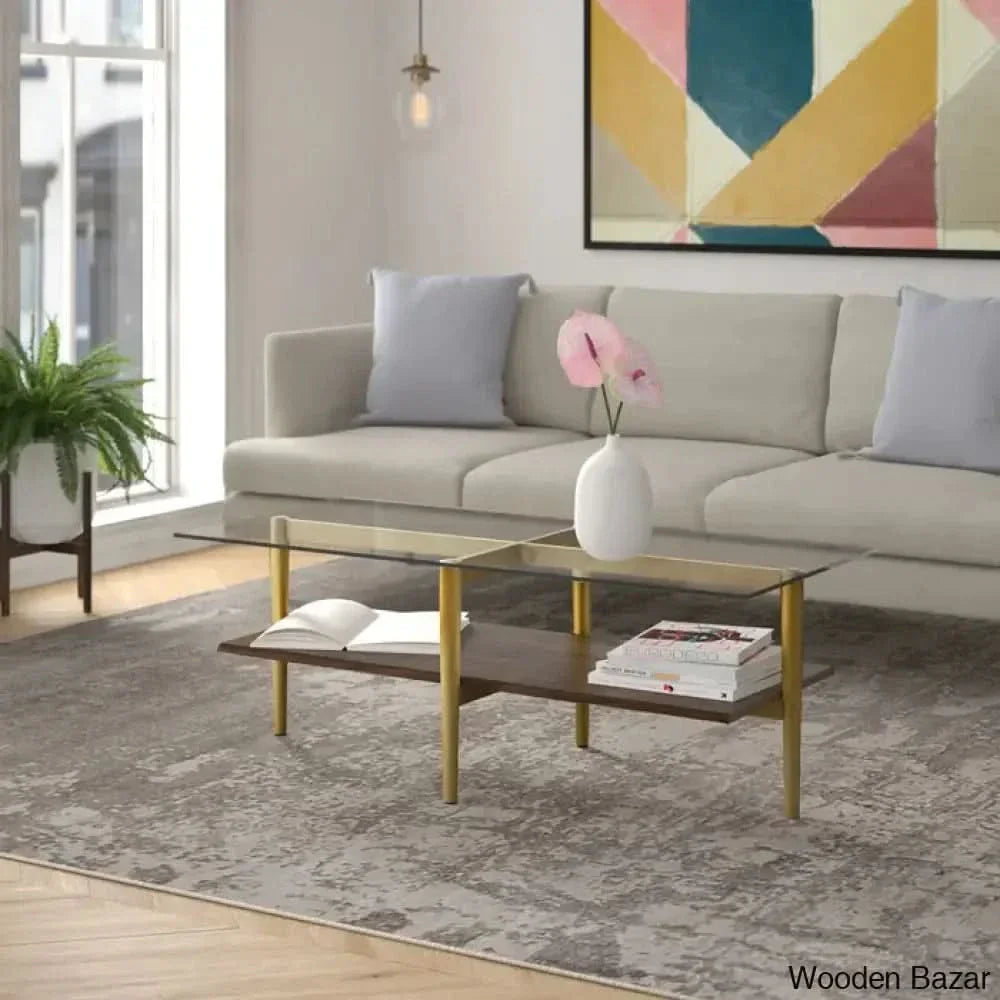 Aurray Glass Top Coffee And Center Table Brass/Walnut