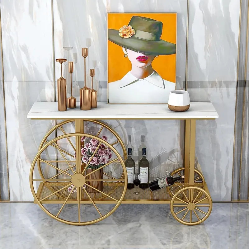 Artificer Designer Marble Top 2-Tier Console Table with Decorative Trolley Wheels in Gold Finish