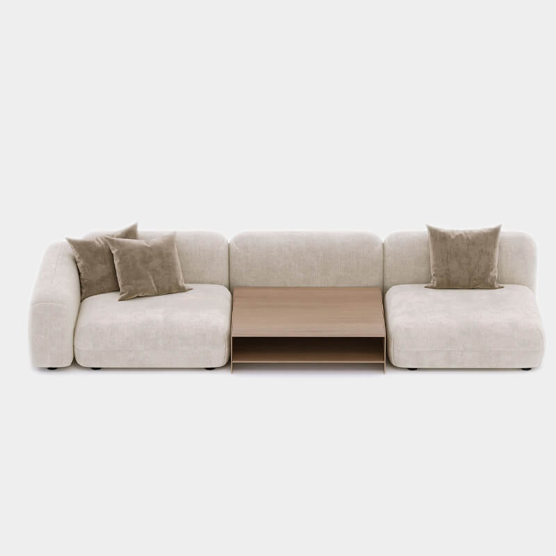 3 Seater Modern Beige Sofa With Oak Finish Center Storage