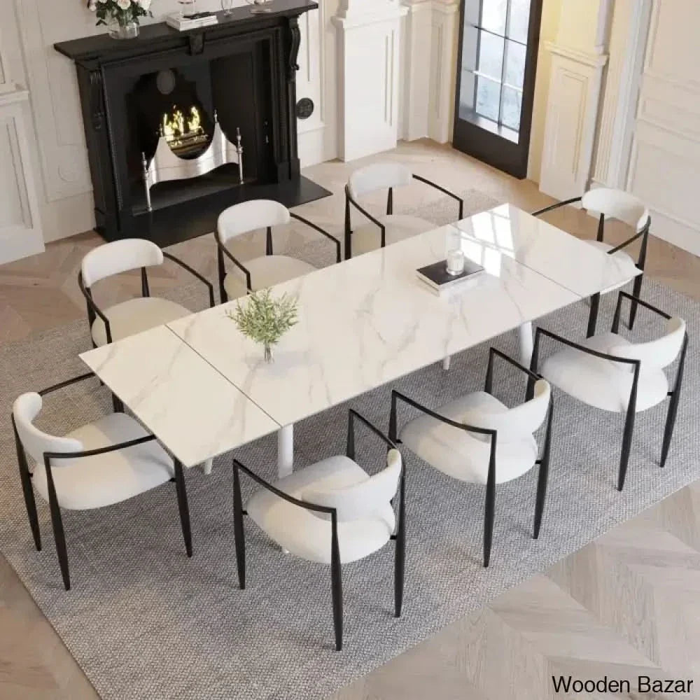 Barric Sintered Stone Table With 8 Luxurious Fabric Chairs - Wooden Empiro Snowy Mountain