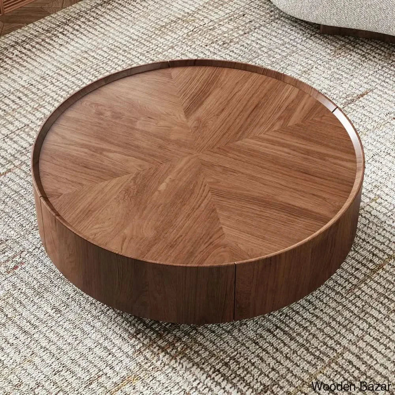 Beacon Industrial Walnut Round Coffee Table with Storage Drawers for Living Room