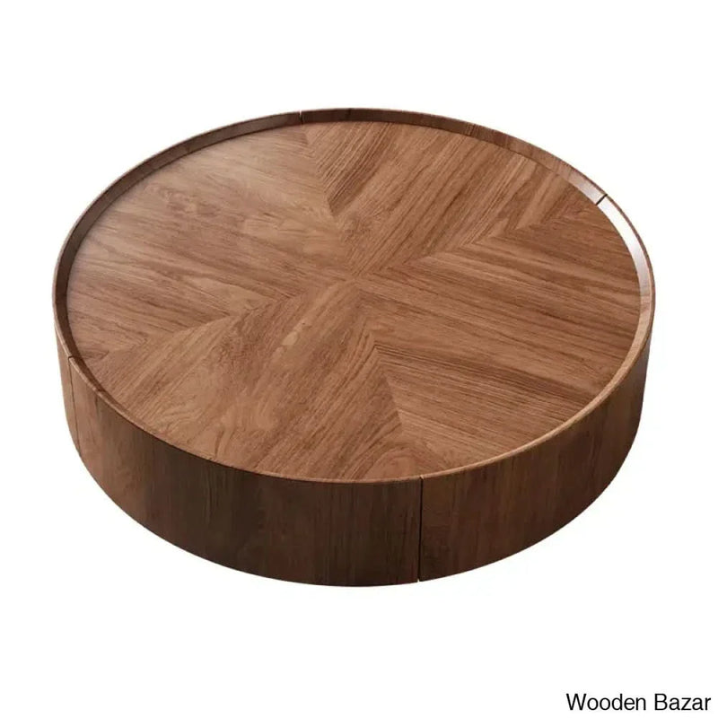 Beacon Industrial Walnut Round Coffee Table with Storage Drawers for Living Room