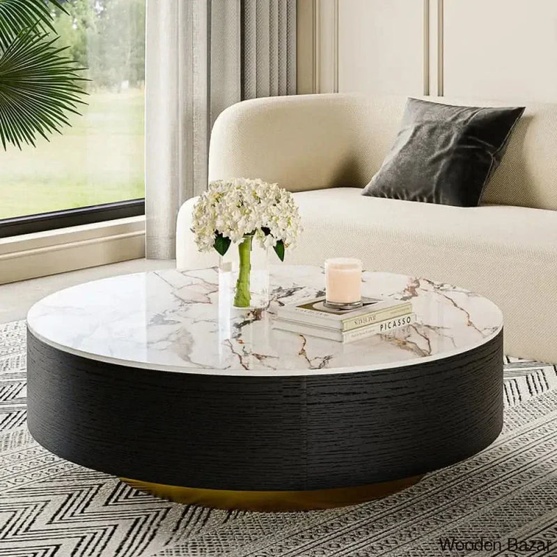 Bede Drum Coffee Table, Sintered Stone Top, 2 Solid Wood Drawers