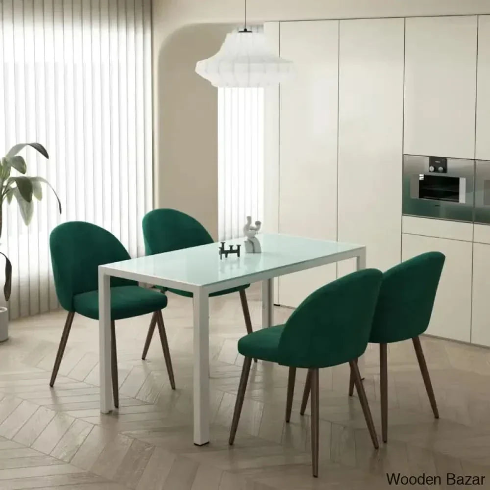 Blaan 4 Seater Glass Top Dining Set - Wooden Empiro Green/White