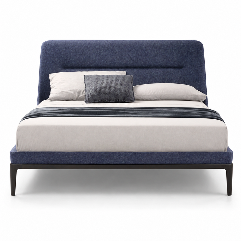 The Arvello Bed — Modern Blue Upholstered Bed with Wooden Base