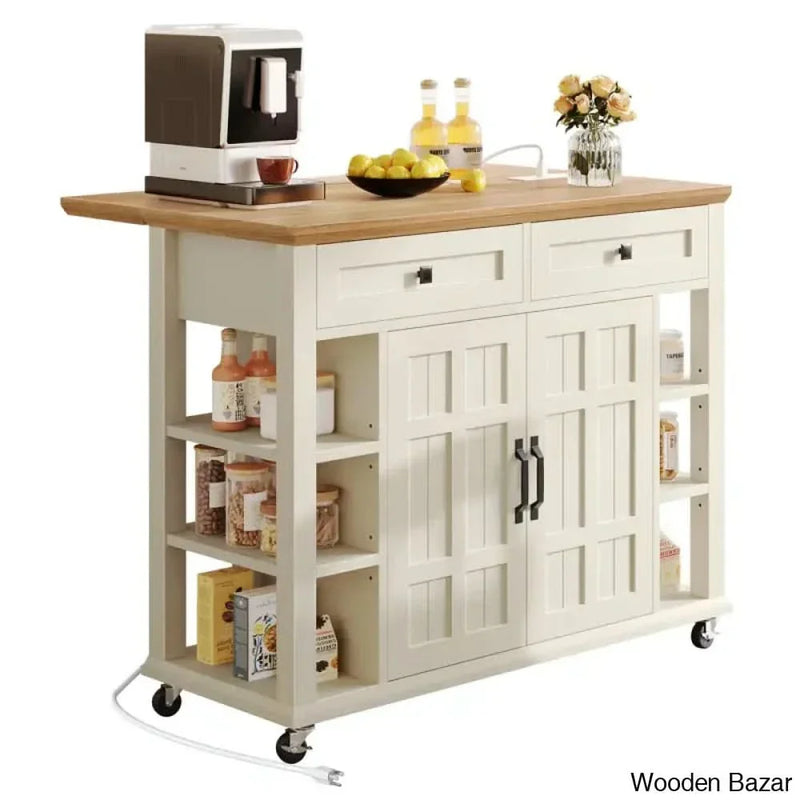 Brianny Rolling Kitchen Cart Island with Foldable Tabletop 2 Drawers and Power Outlet Kitchen trolley cart cabinet kitchen island with storage