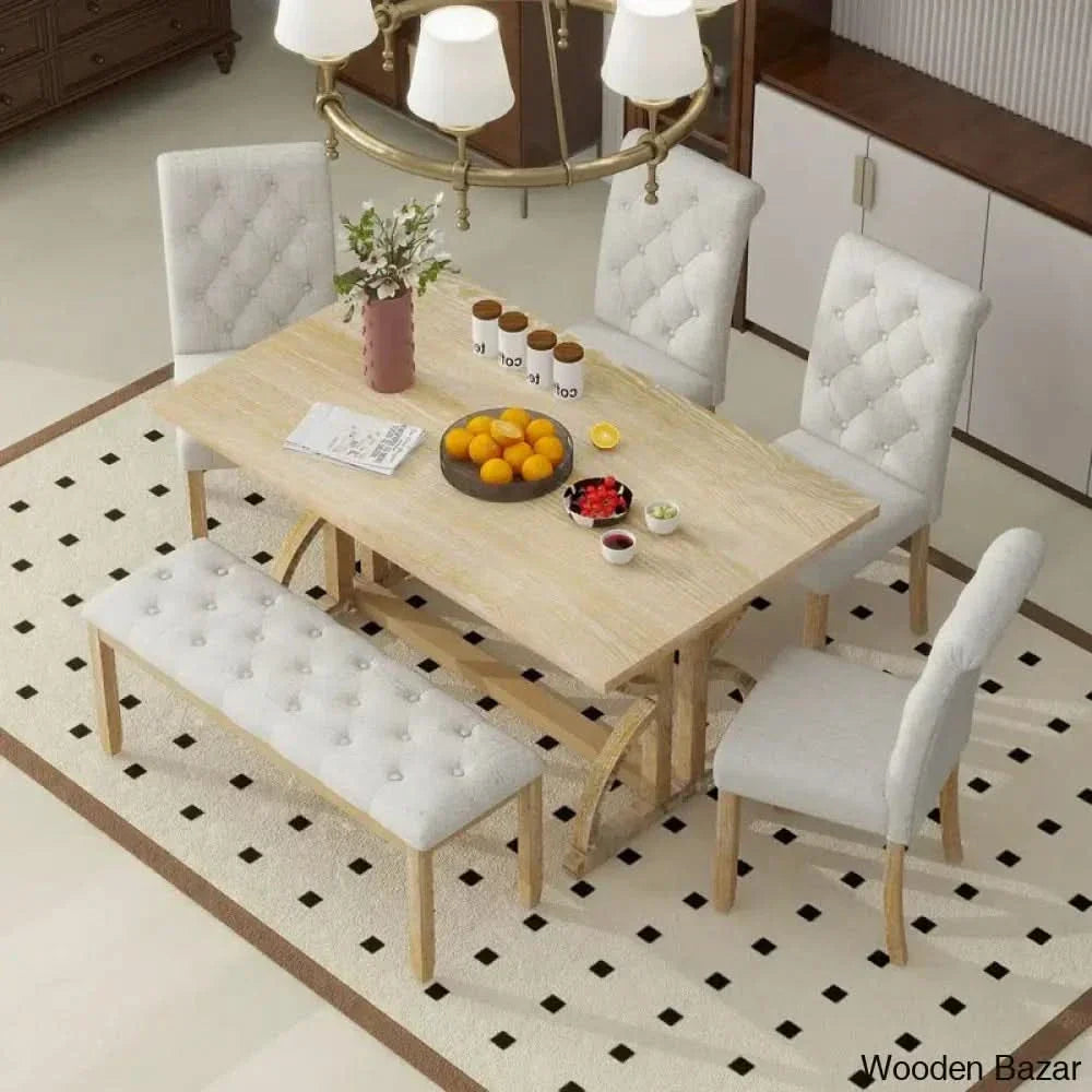 Burdette New 6 Seater Trestle Dining Set - Wooden Empiro Natural Wood