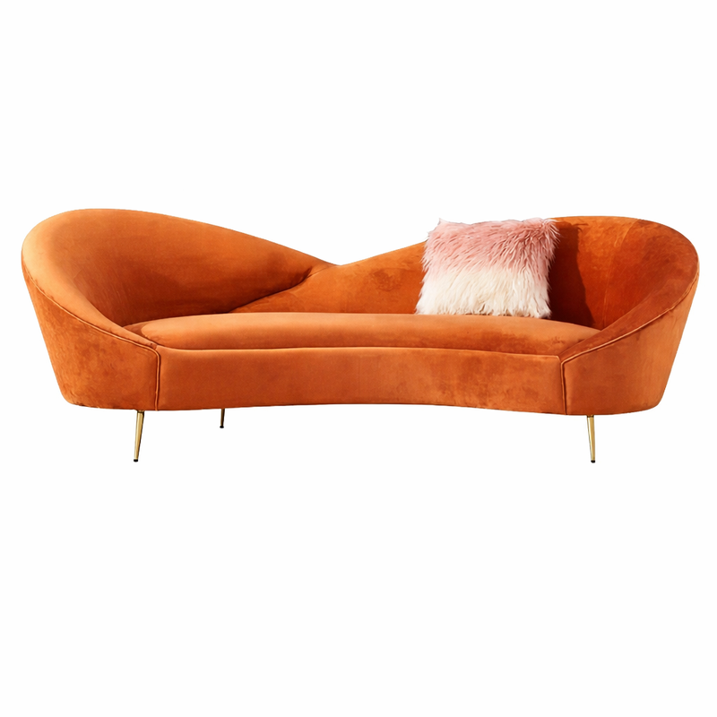 Frosty Modern Curvy Orange Velvet Upholstered 3-Seater Sofa