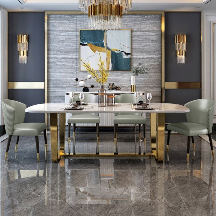 minimalist stainless steel and marble table design with luxurious golden accents.