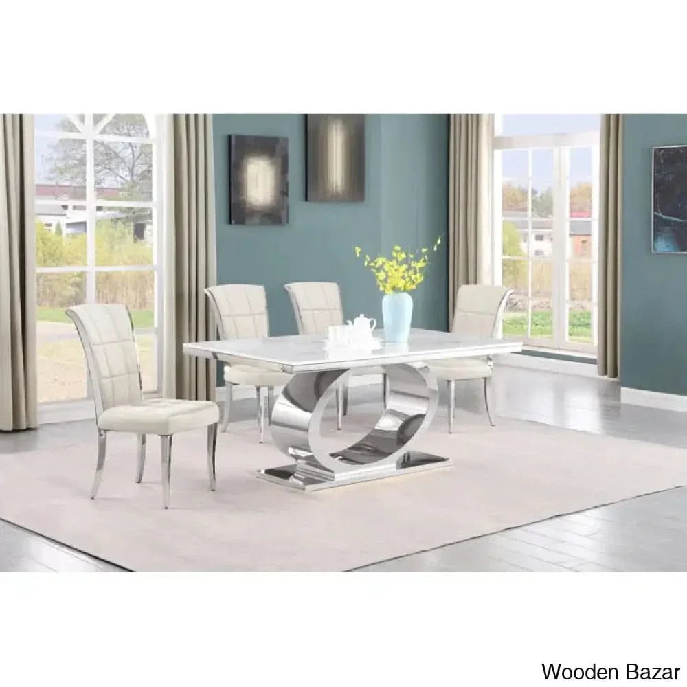 Carlot Latest Marble Top Pedestal Dining Set - Wooden Empiro 4 Seater