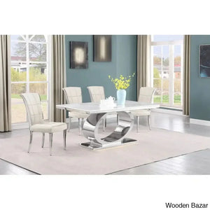 Carlot Latest Marble Top Pedestal Dining Set - Wooden Empiro 4 Seater