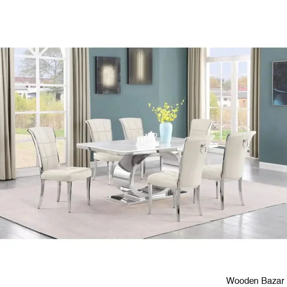 Carlot Latest Marble Top Pedestal Dining Set - Wooden Empiro 6 Seater