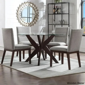 Caron 4 Seater Glass Top Pedestal Dining Set - Wooden Empiro Walnut Brown