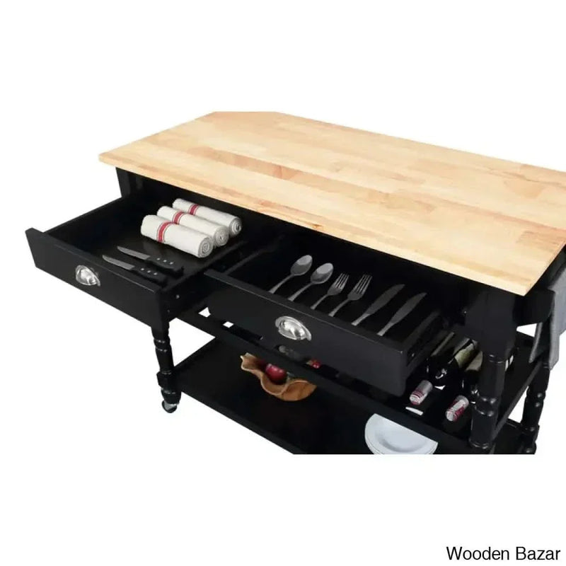 Celia 45" Kitchen Cart with Butcher Block Top and Locking Wheels Kitchen trolley cart cabinet kitchen island with storage